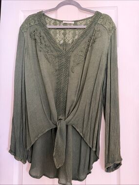 Sivana Olive Green Embroidered Tie-Front Tunic Top
